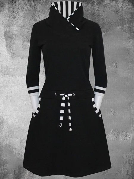 

Striped Casual Long Sleeve Knitting Dress, Black, Short