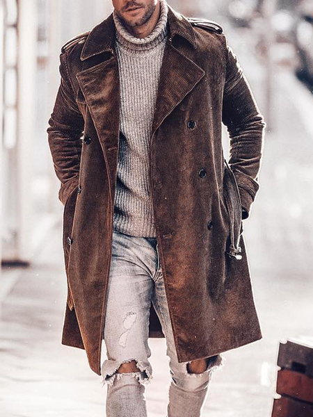 

Brown Plain Cotton-Blend Lapel Casual Outerwear, Outerwear