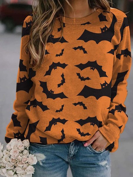 Ladies Bat Print Sweatshirt, Orange, Hoodies&Sweatshirts