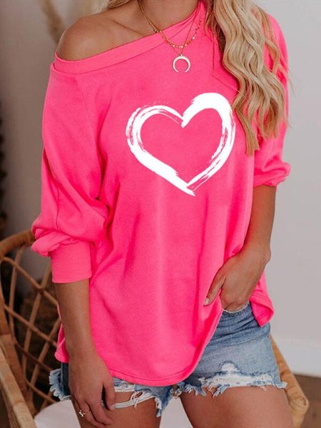 

Heart Print One Shoulder Long Sleeves Sweatshirts, Rose red, Long sleeves