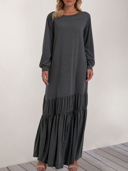 

Deep Gray Long Sleeve Plain Crew Neck Maxi Dress, Dresses