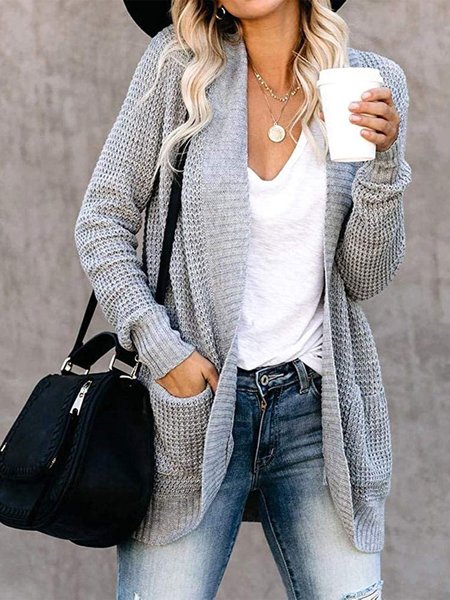 

Women Long Sleeve Open Front Cardigan Chunky Knit Draped Sweater Outwear with Pockets, Gray, Tops