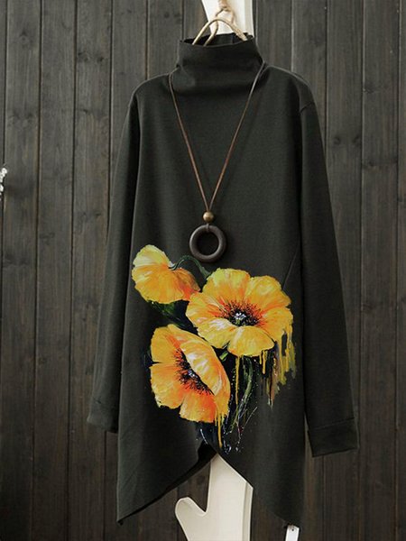 

Black Asymmetrical Casual Floral-Print Turtleneck Top, Tunics