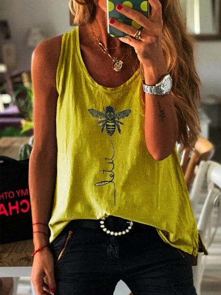 

Graffiti Printed Casual Sleeveless V Neck Tank Top, Yellow, Tank Tops & Camis