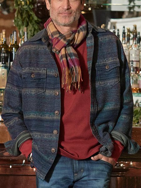 

Men's Blue Shirt Collar Printed Tribal Basic Jackets, Winter Clearance