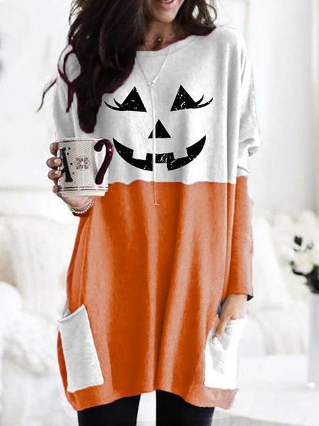

Women's Halloween Fun Printed Casual Long Sleeve T-Shirt, Orange, Tops