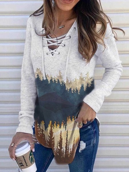 

Gray Lace-Up Printed Casual V Neck Sweatshirt, Hoodies&Sweatshirts