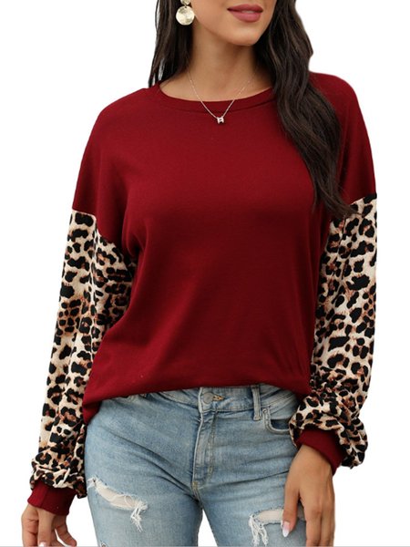 

Plus Size Leopard Cotton-Blend Shirts & Tops, Wine red, Blouses & Shirts