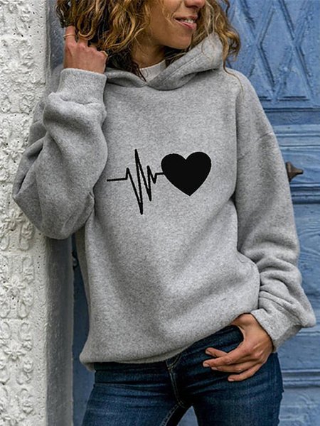 

Heart Printed Casual Long Sleeve Hoodie, Gray, Hoodies&Sweatshirts
