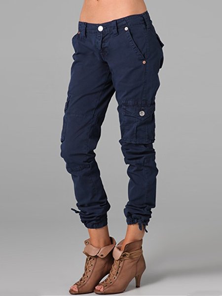 

Blue Buttoned Plain Casual cargo Pants, Pants
