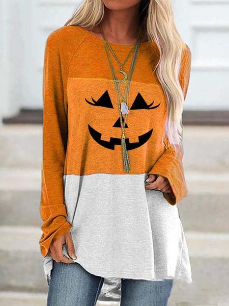 

Women's Halloween Hat Pumpkin Face Print Contrast Top, Orange, Hoodies&Sweatshirts