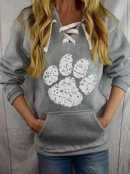 

Women's Dog Claw Print Casual Lace Up Hoodie & Sweatshirt, Gray, Hoodies&Sweatshirts