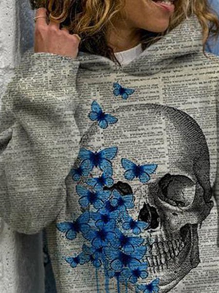 

Gray Cotton-Blend Long Sleeve Skull Sweatshirt, Hoodies&Sweatshirts