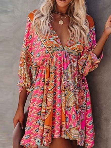 

Long Sleeve Floral Printed Cotton-Blend Weaving Dress, Pink, Dresses