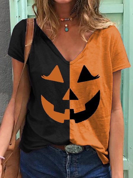

Women's Halloween Pumpkin Print V Neck T-shirt Pumpkin Top, Orange, T-shirts