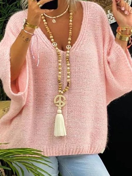 

Solid V Neck Casual Sweater, Pink, Sweaters