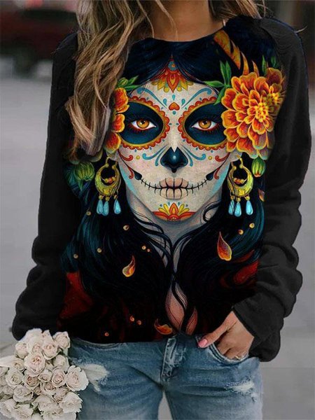 

La Catrina Calavera Long Sleeve Pullover, Black, Hoodies&Sweatshirts