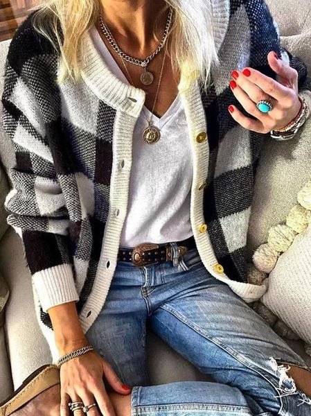 

Plaid Casual Cotton-Blend Sweater, Black, Sweaters