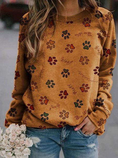 

Dog paw print loose casual sweatshirt, Brown, Hoodies&Sweatshirts