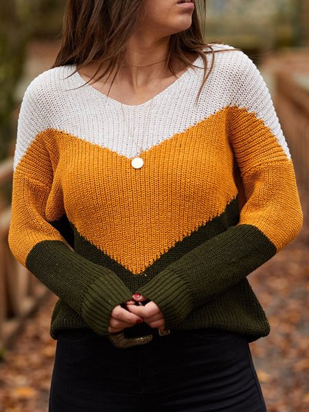 

Color-block Knitted Long Sleeve Sweater, Yellow, Sweaters