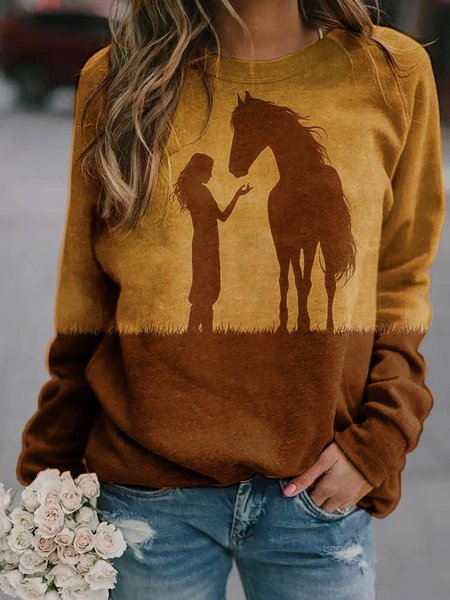 

Girl And Horse Print Crew Neck Sweatshirt, Brown, Hoodies & Sweatshirts