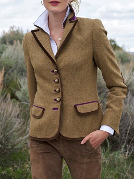 

Khaki Lapel Long Sleeve Pockets Jacket, Blazers