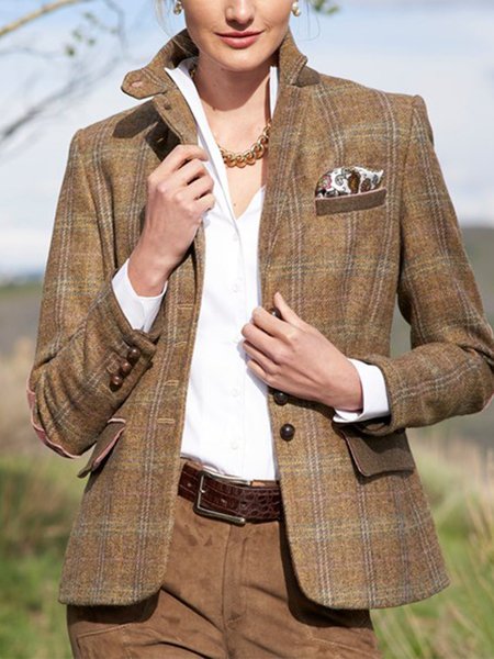 

Khaki Plaid Casual Long Sleeve Jacket, Blazers