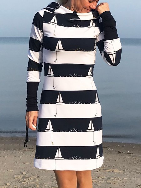 

Hoodie Long Sleeve Casual Printed Dresses, Navy blue, Dresses