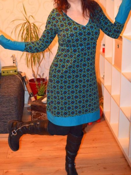 

Abito Maniche Lunghe Scollo a V Stampato Misto Cotone, Blu, Dresses