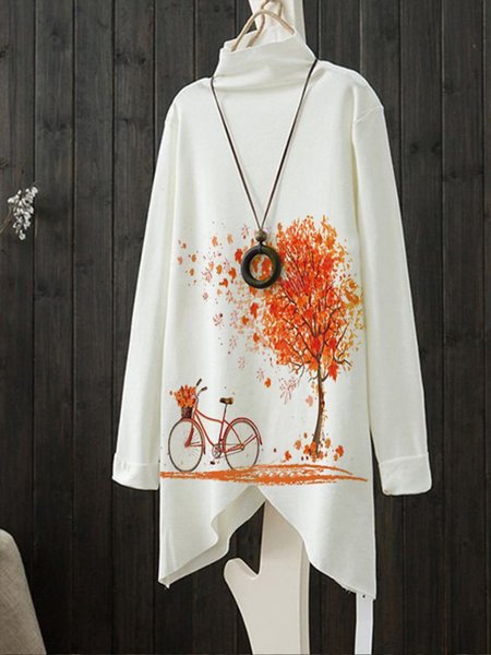 

White Long Sleeve Floral-Print Turtleneck Tops, Tops