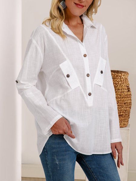 

Tinta Unita Dritto Maniche Lunghe Camicie Superiore Bianco Misto Cotone, Blouses & Shirts