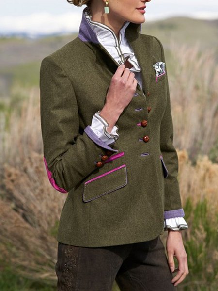 

Deep Green Buttoned Stand Collar Long Sleeve Jacket, Blazers