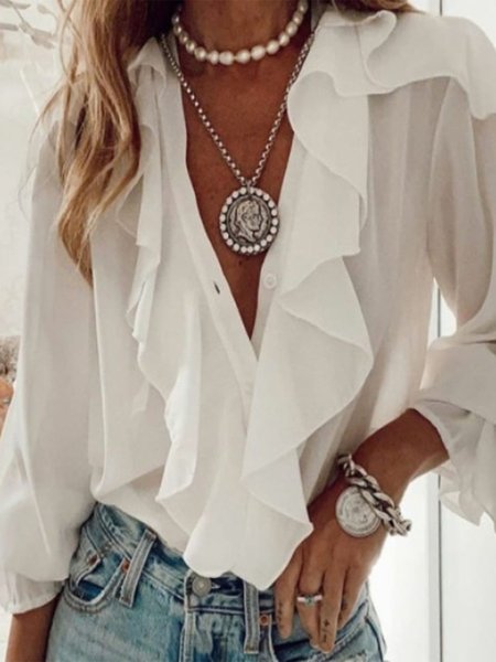

Vintage Volant Tinta Unita Taglia Grande Maniche Lunghe Scollo a V Casuale Camicia Top, Bianco, Blouses & Shirts
