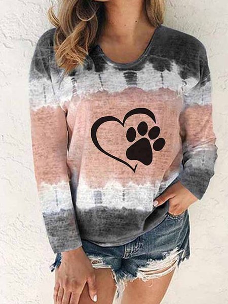 

Casual Printed Tie-dye Long Sleeve Top, Pink, Tees & T-shirts