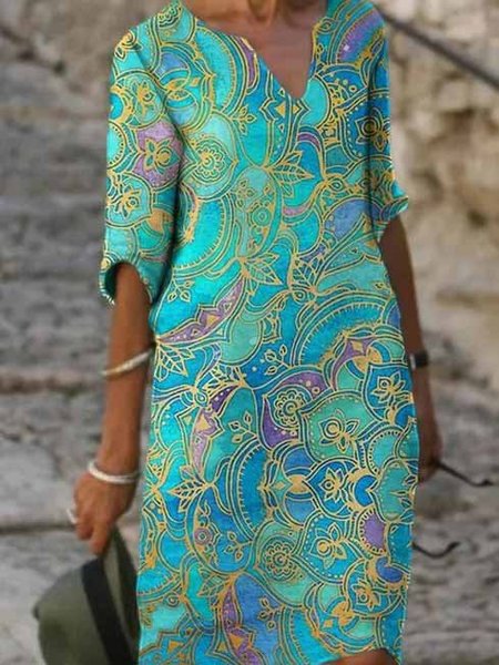 

Crew Neck Casual Printed Knitting Dress, Green, Dresses