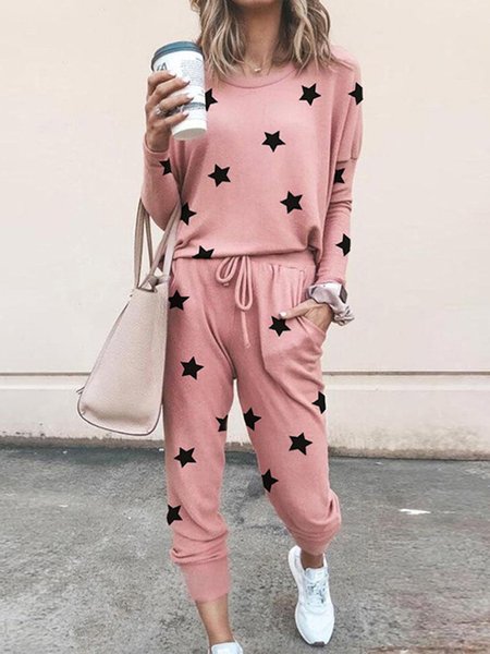 

Vintage Geometric Statement Printed Plus Size Long Sleeve Crew Neck Casual Two Piece Sets, Star, Two-piece Outfits