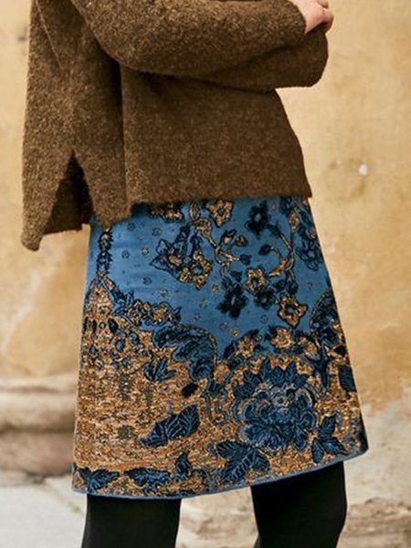 

Taglia Grande Casuale Vintag Mini Gonnae Misto Cotone, Blu, Skirts