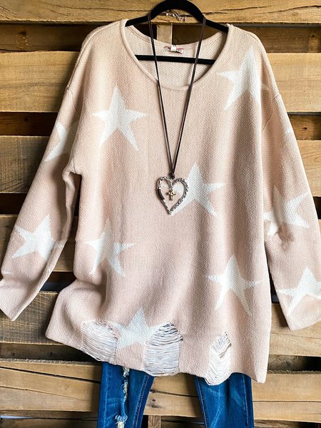 

Stars Print Round Neck Casual Ripped Hem Sweater, Pink, Sweaters & Cardigans