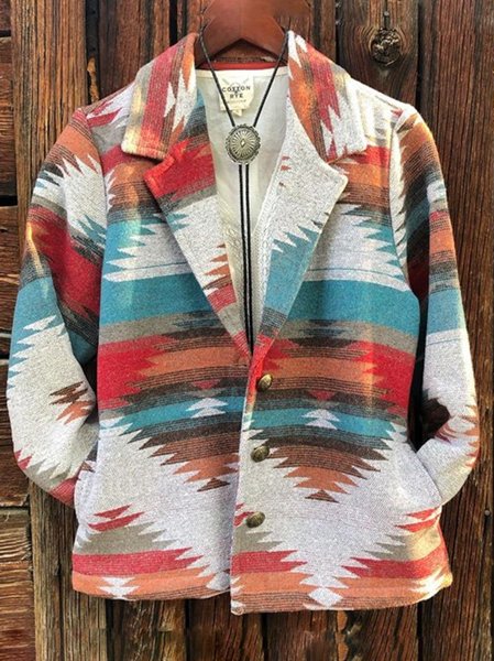 

White Geometric Lapel Long Sleeve Casual Jacket, Blazers