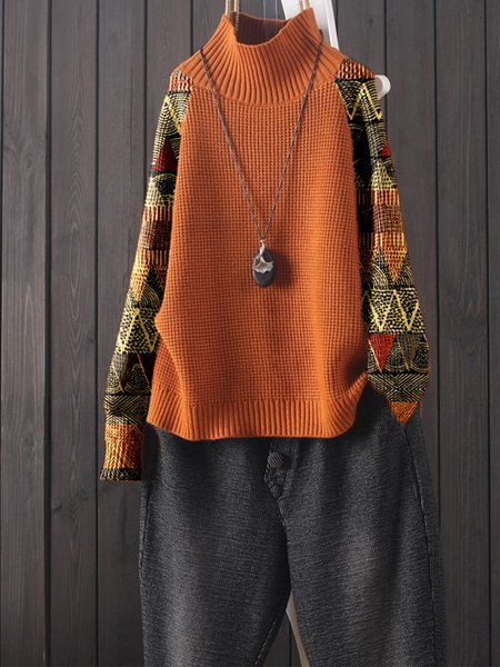 Orange Long Sleeve Tribal Casual Sweater, Sweaters