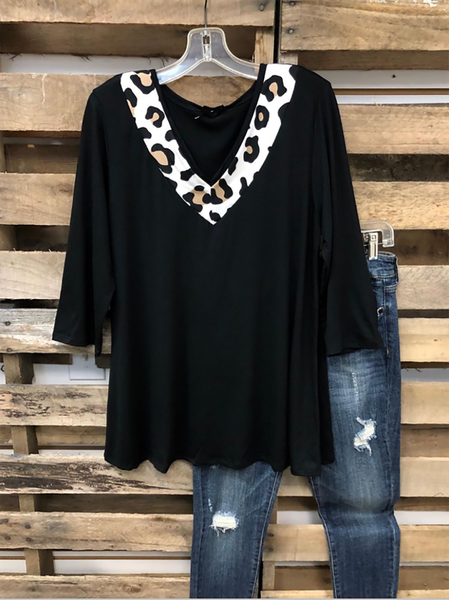

Cotton-Blend V Neck 3/4 Sleeve Leopard Shirts & Tops, Black, Blouses