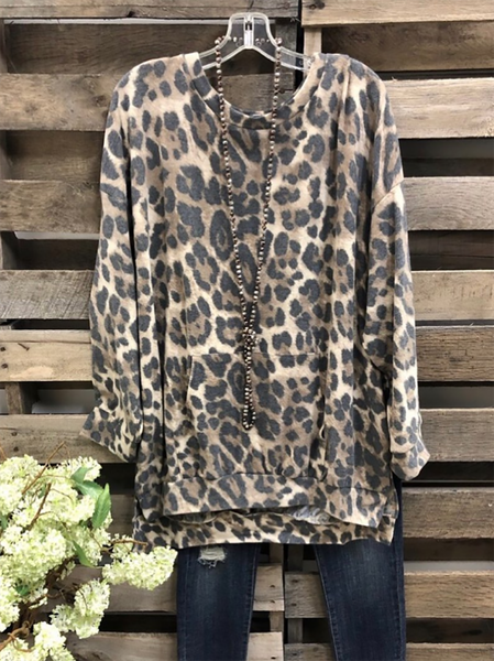 

Cotton-Blend Leopard Long Sleeve Crew Neck Shirt & Top, Brown, Hoodies&Sweatshirts