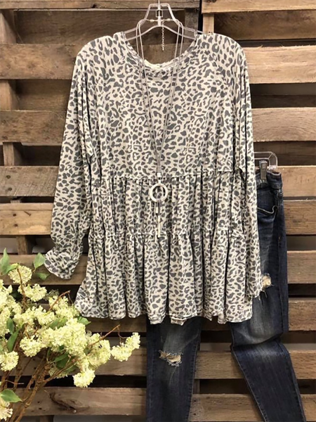 

Leopard Crew Neck Casual Shirt & Top, Khaki, Tops