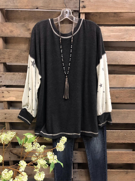 

Crew Neck Long Sleeve Cotton-Blend Shirt & Top, Black, Tops