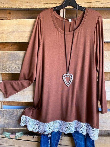 

Lace Stitching Solid Color Long-sleeved T-shirt, As picture, Tunics