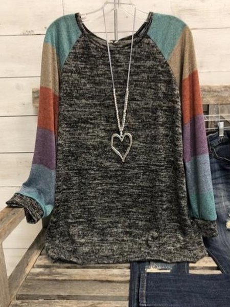 

Multicolor Round Neck Long Sleeve Cotton-Blend Color-Block T-shirt, Long sleeve tops