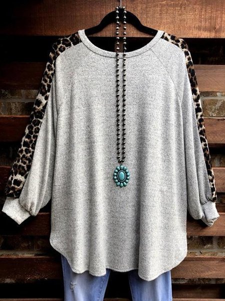 

Leopard Stitch Casual Round Neck Tops T-shirt, Gray, Tops