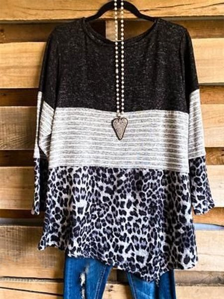 

Vintage Maniche Lunghe Statement Leopardo A Righe Stampato Girocollo Taglia Grande Casuale Top, Grigio nero, Blouses & Shirts