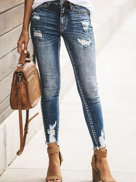 

Women Denim Dark Blue Ripped Jeans Pant Bottoms for Fall, Jeans