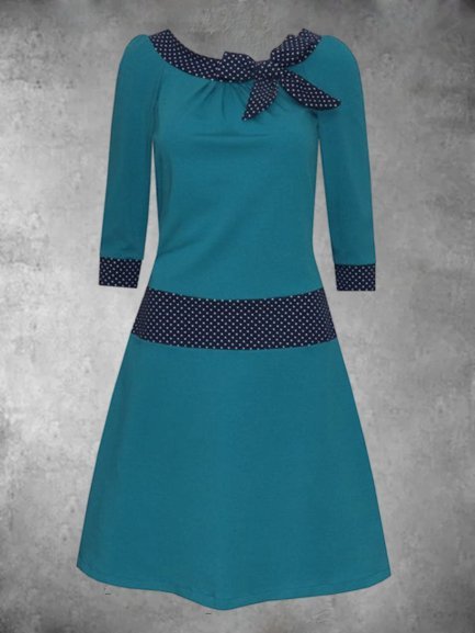 

Vintage Long Sleeve Bowknot Polka Dots Printed Crew Neck Plus Size Casual Dresses, Blue, Dresses